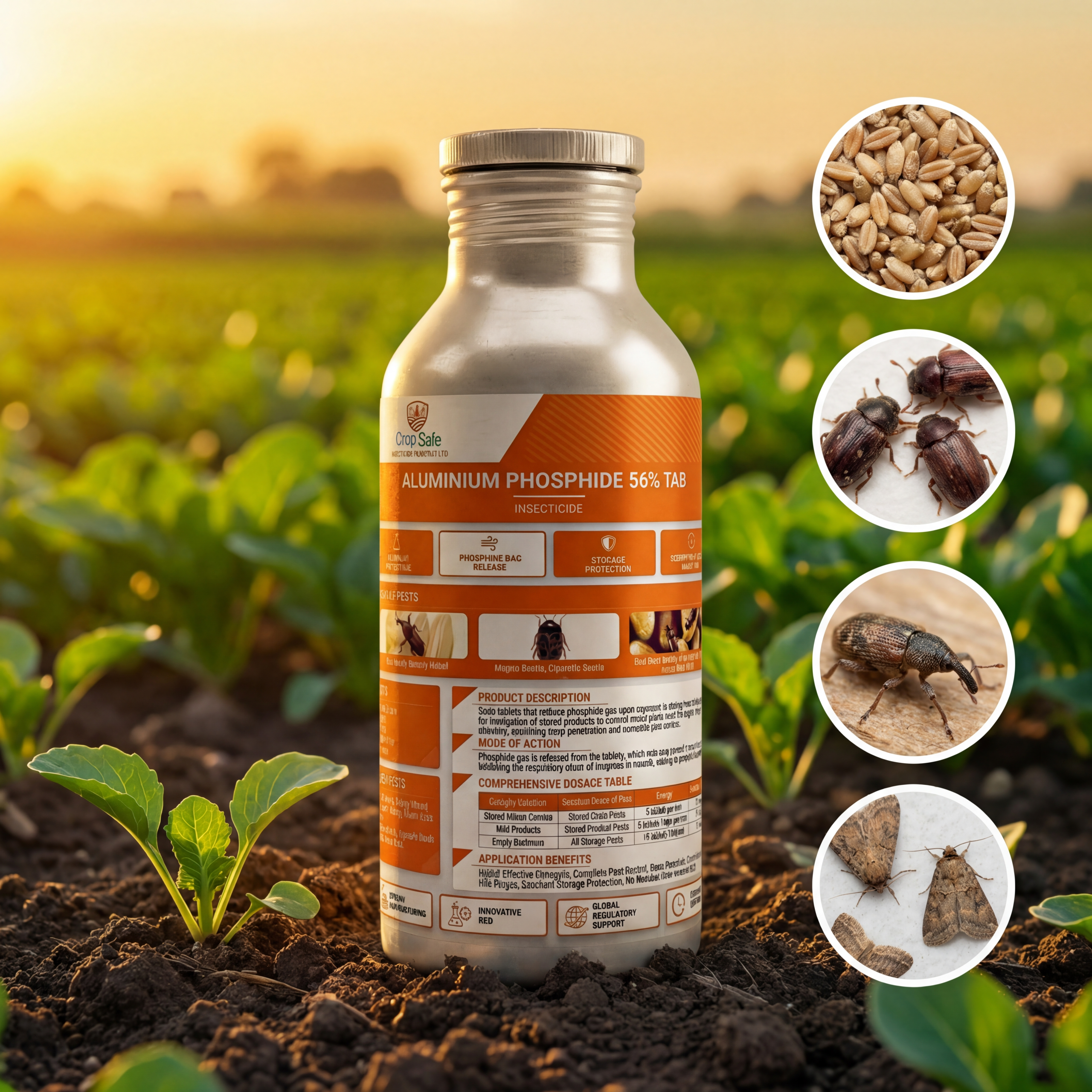 A professional product photograph of an aluminium flask containing Aluminium Phosphide 56% Tablets