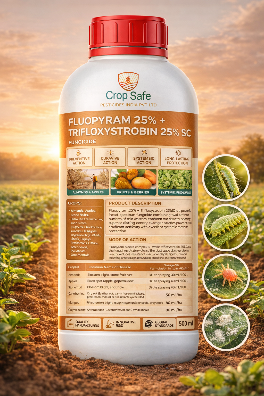 A professional product photograph of a 1-liter bottle of Fluopyram 25% + Trifloxystrobin 25% SC Fungicide.