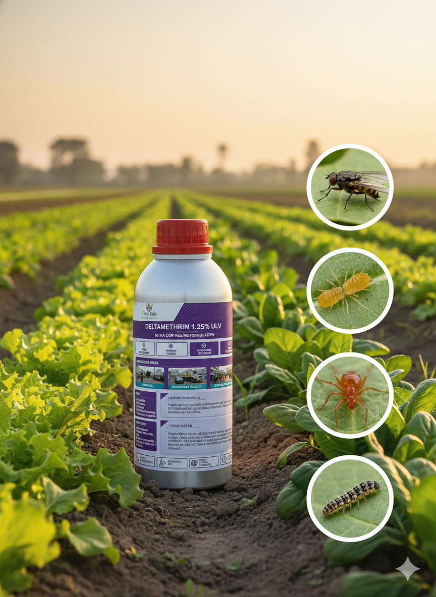 A professional product photograph of a 1-liter metal canister of Deltamethrin 1.25% ULV. The canister is silver and blue with professional vector control branding.