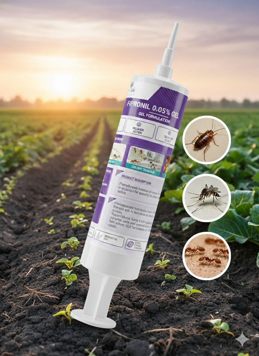 A professional product photograph of a syringe-style applicator containing Fipronil 0.05% Gel. The plunger is partially depressed, dispensing a small bead of amber-colored gel.