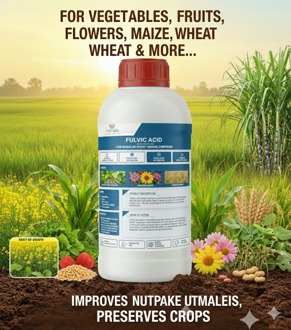 A professional product photograph of a 1-liter bottle of concentrated liquid Fulvic Acid biostimulant. The liquid inside is depicted as a rich, clear golden-amber color.