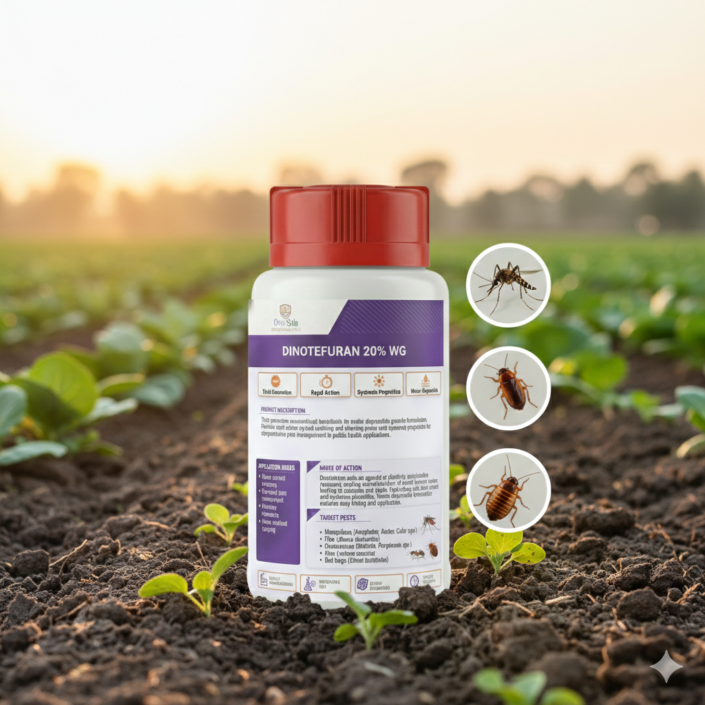 A professional product photograph of a 500g wide-mouth plastic jar of Dinotefuran 20% WG with a scoop of granules.