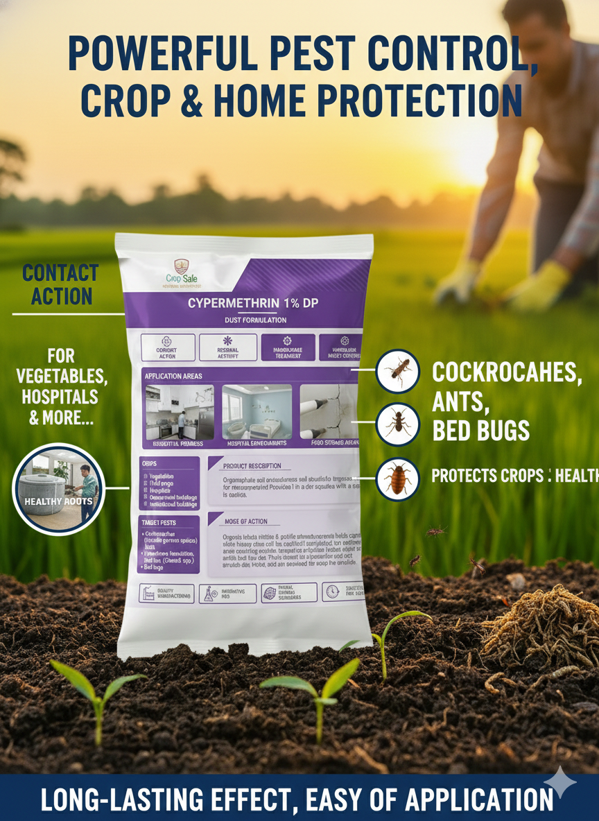 A professional product photograph of a puffer bottle of Cypermethrin 1% DP insect dust. The bottle has a white label with orange text reading 'CYPERMETHRIN 1% DP - INSECTICIDE DUST'. A fine cloud of white powder is being puffed into a crack along a wooden baseboard where a cockroach is visible. The setting is a clean residential kitchen corner.