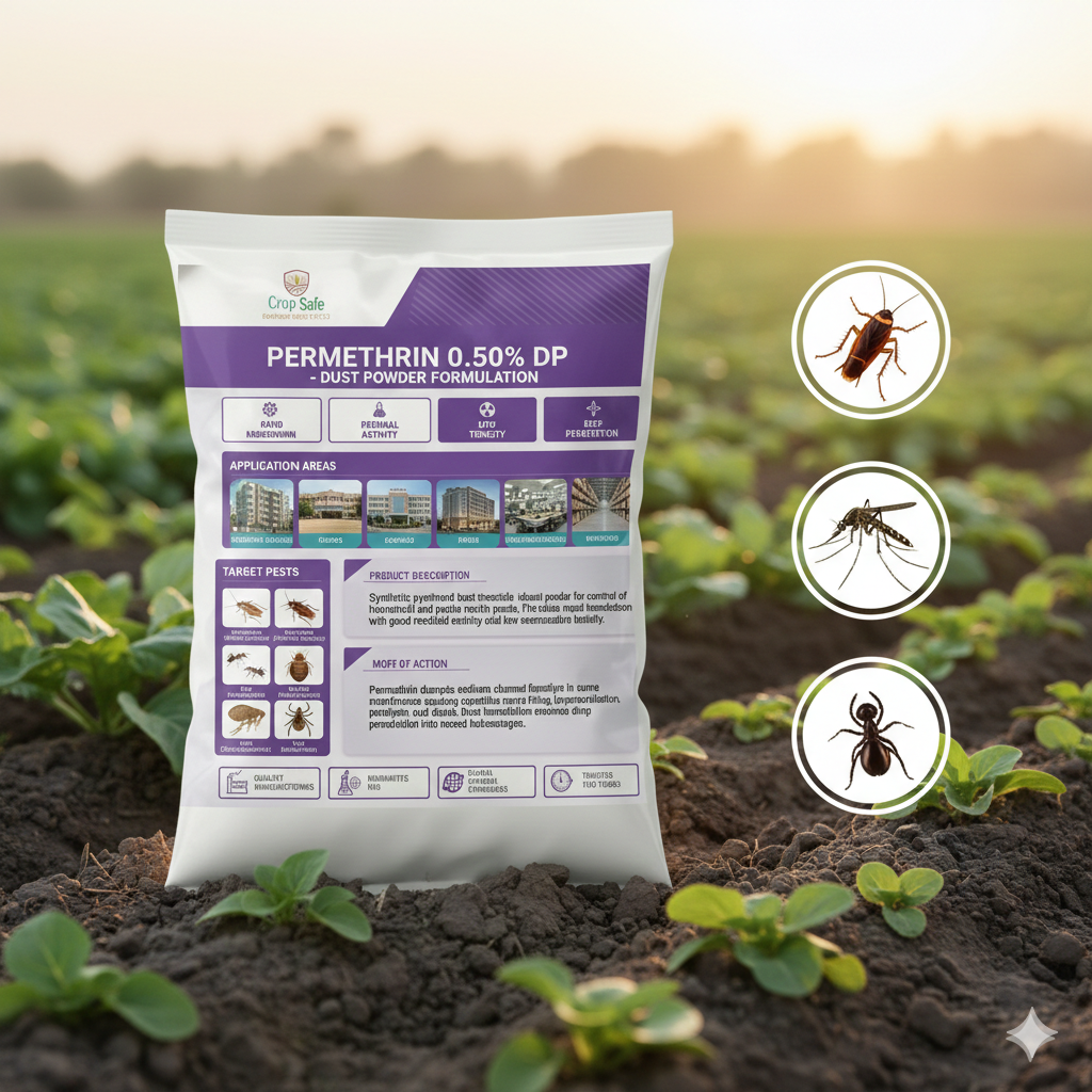 A professional product photograph of a puffer bottle of Permethrin 0.50% DP insecticide dust being applied to a baseboard crack.