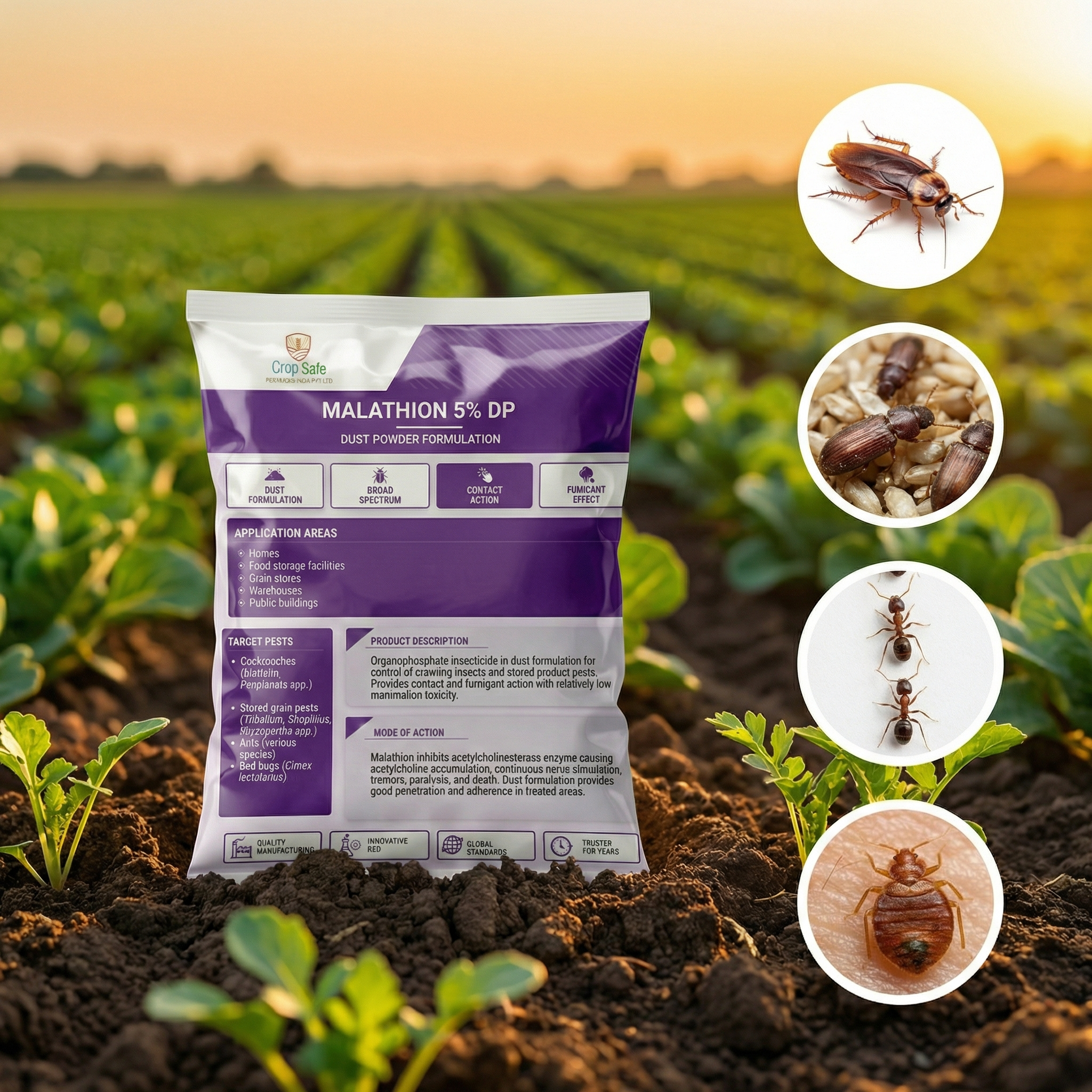 A professional product photograph of a 1kg shaker cannister of Malathion 5% DP Insecticide Dust. The cannister sits on a wooden pallet next to burlap sacks of wheat in a grain warehouse setting.