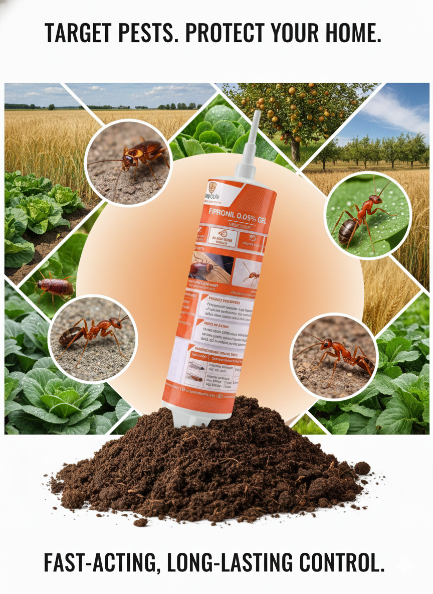 A professional product photograph of a syringe-style applicator containing Fipronil 0.05% Gel. The plunger is partially depressed, dispensing a small bead of amber-colored gel.