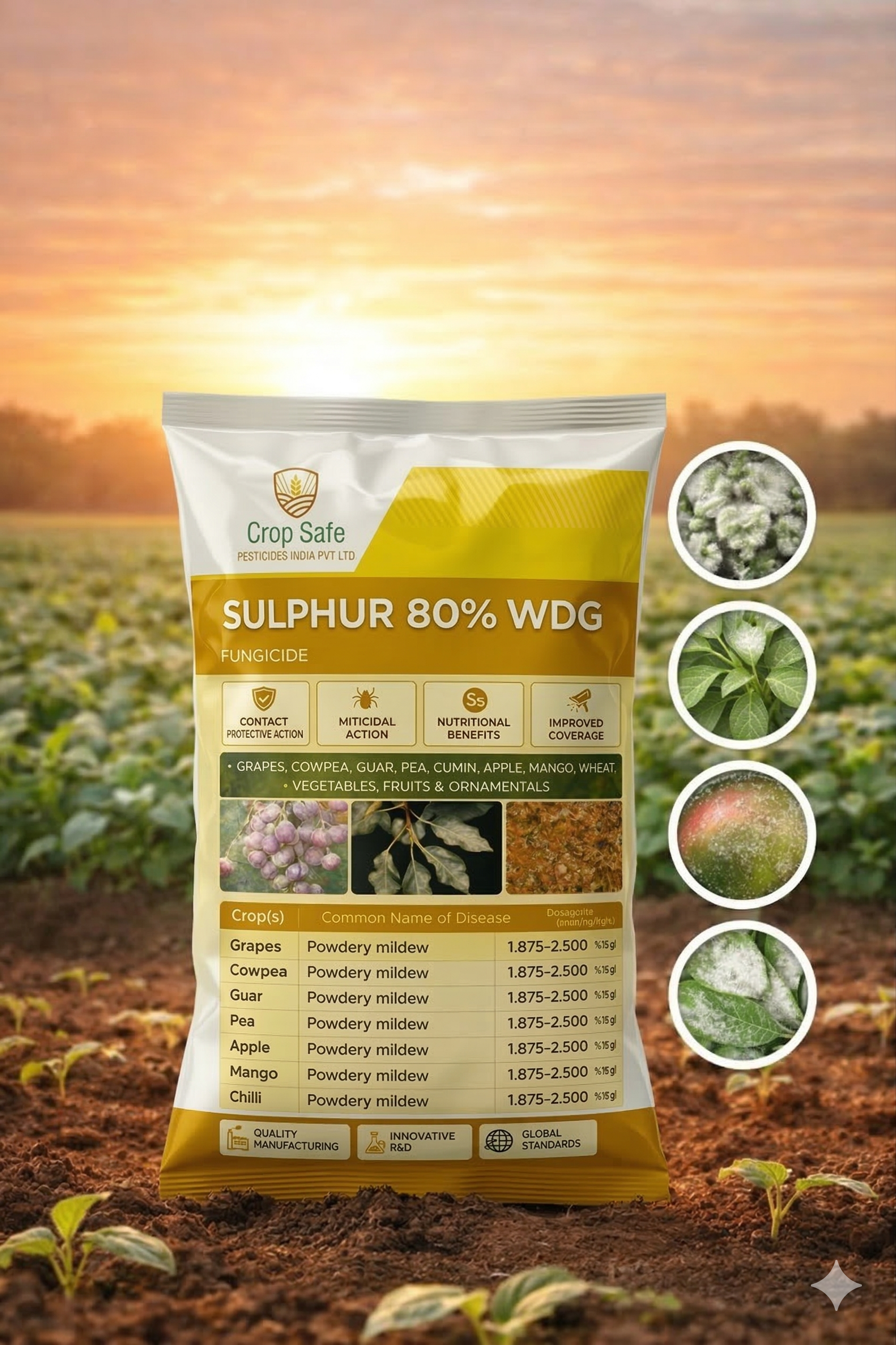 A professional product photograph of a 1kg bag of Sulphur 80% WDG Fungicide.