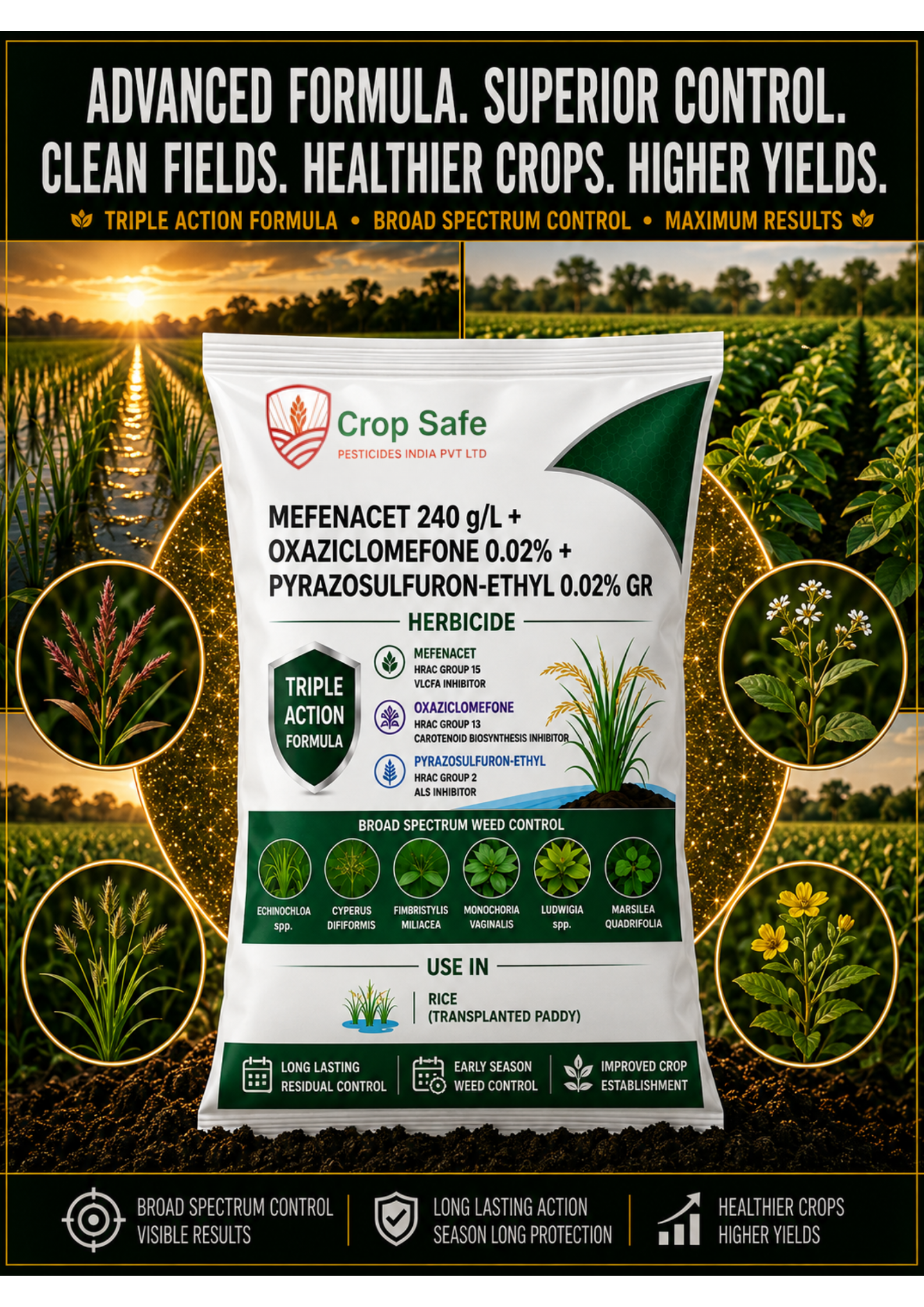 MEFENACET 240 g/L + OXAZICLOMEFONE 0.02% + PYRAZOSULFURON-ETHYL 0.02% GR