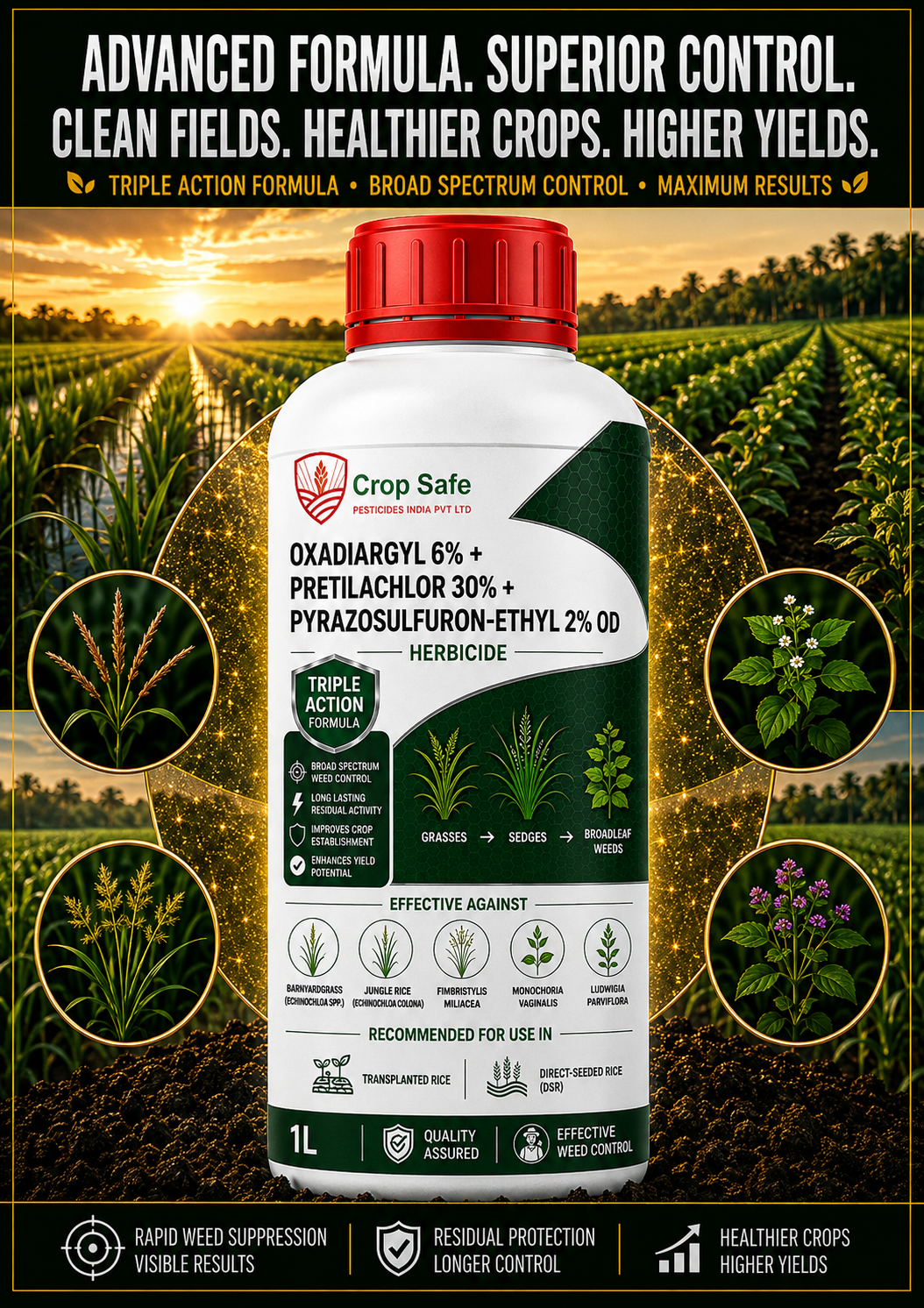 OXADIARGYL 6% + PRETILACHLOR 30% + PYRAZOSULFURON-ETHYL 2% OD