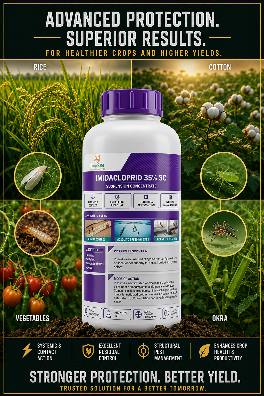 A professional product photograph of a 1-liter bottle of Imidacloprid 35% SC, placed next to a building foundation with termite treatment equipment.