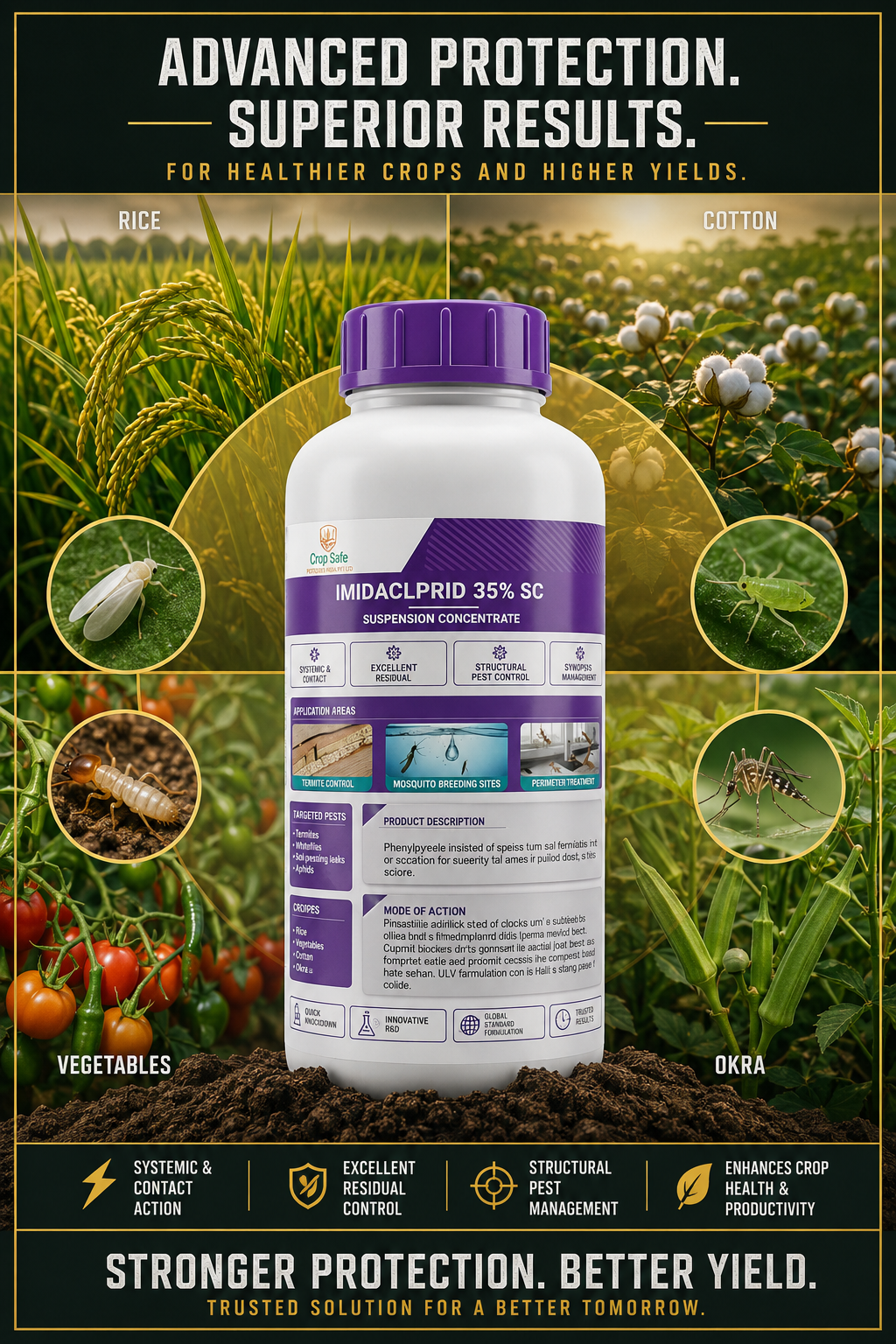 A professional product photograph of a 1-liter bottle of Imidacloprid 35% SC, placed next to a building foundation with termite treatment equipment.