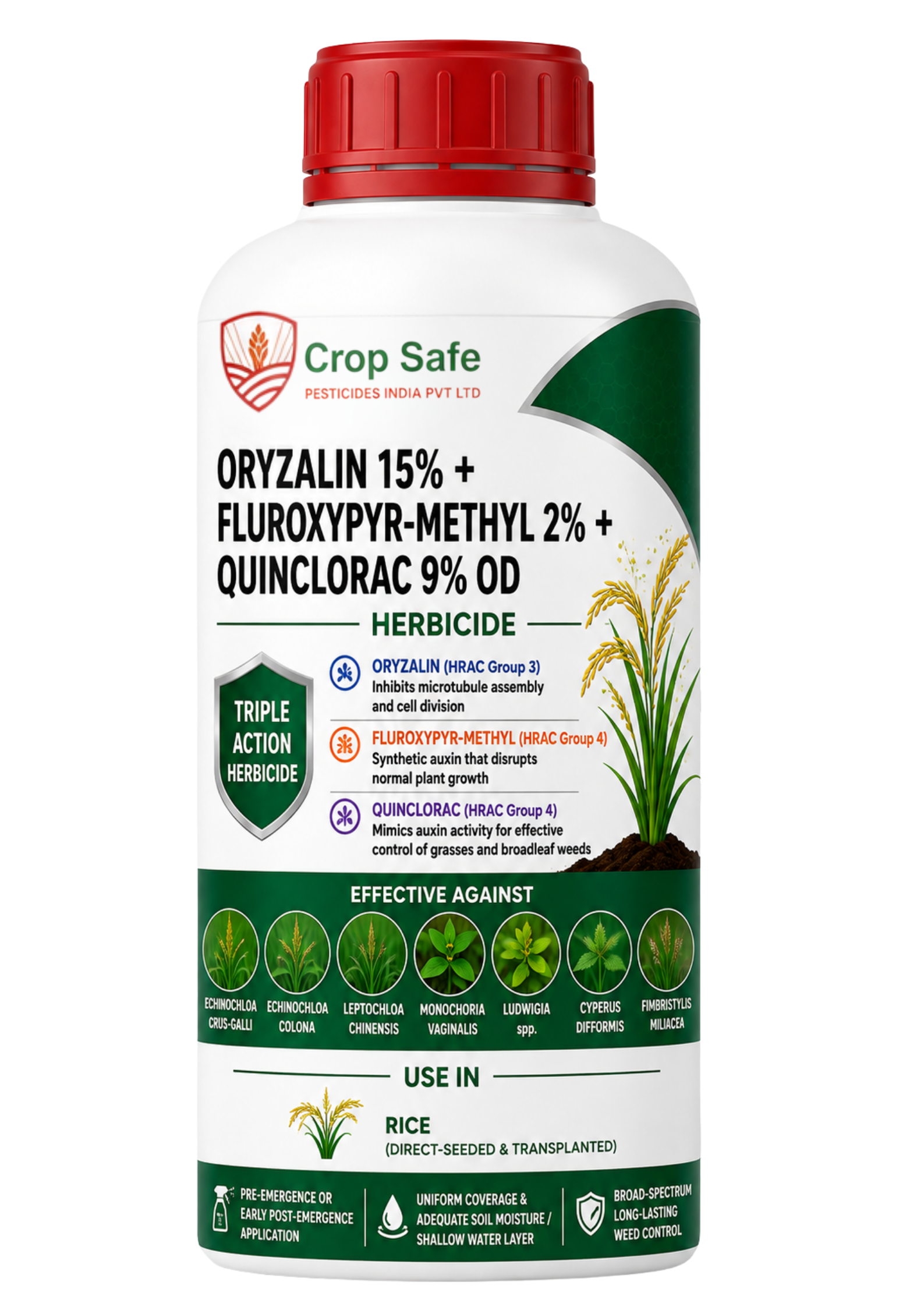 Oryzalin 15% + Fluroxypyr-methyl 2% + Quinclorac 9% OD